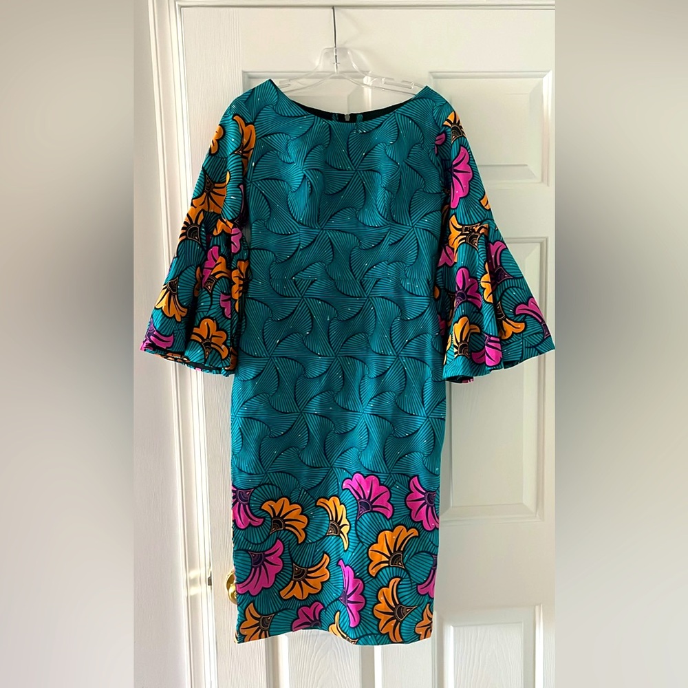 African print Floral Teal Dress with Bell Sleeves 2 xs